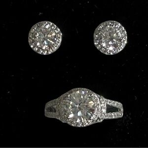 DIAMONIQUE Rhodium Plated Sterling Silver Halo Solitaire RING 7 and EARRINGS Set